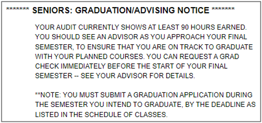 Text requirement indicating at least 90 hours have been earned, you should contact your advisor as you approach your final semester to ensure you are on track to graduate, and you must submit a graduation application by the deadline during the semester you intend to graduate. 