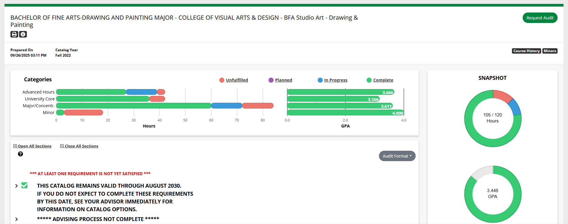 Top of the audit results, showing basic information about the audit, the hours and GPA charts, and the first requirement.