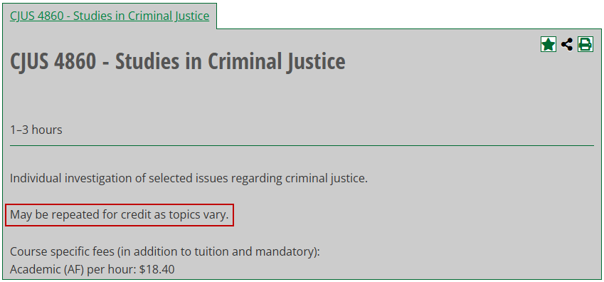 A course description in the UNT Catalog for an undergraduate course, with a red box around the statement that the course may be repeated for credit.