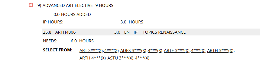 Unfulfilled requirement with a SELECT FROM list that includes course options with asterisks in the numbers.