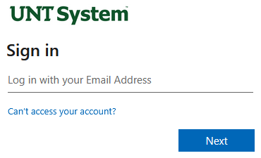UNT System sign in page, first step: enter your email address.