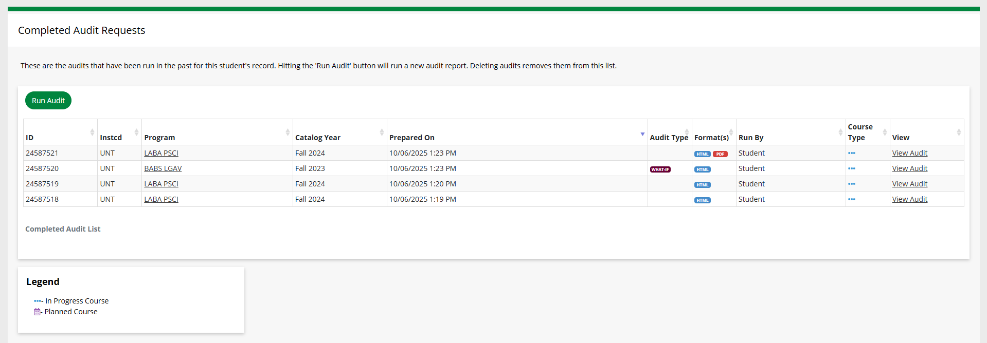 'Completed Audit Requests' page with table of recently completed audits.