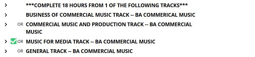 ORed requirements for the B.A. in Commercial Music tracks, with one track complete.