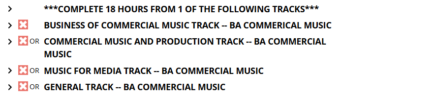 ORed requirements for the B.A. in Commercial Music tracks, with all tracks unfulfilled.