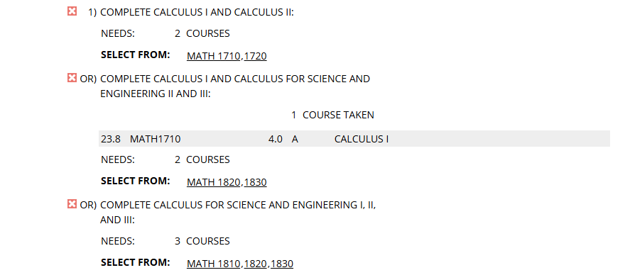 ORed sub-requirements for the calculus sequence for the B.S. in Physics, with MATH 1710 taken. The course is in the second sub-requirement instead of the first one. All 3 sub-requirements are unfulfilled.