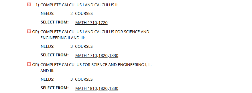 ORed sub-requirements for the calculus sequence for the B.S. in Physics, with no courses. All 3 sub-requirements are unfulfilled.
