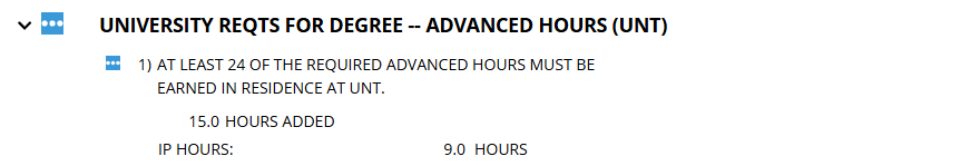 In-Progress requirement that requires 24 advanced hours must be earned in residence at UNT, showing 15 hours added and 9 hours in progress.