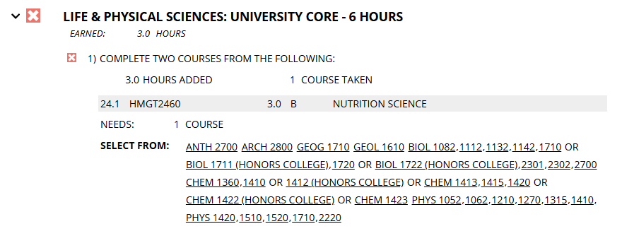 Partially fulfilled sub-requirement showing one course in progress, and one course is needed.
