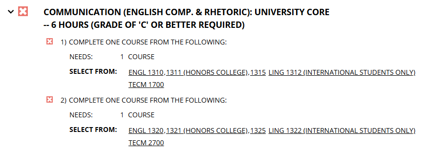 Unfulfilled Communication UNT core requirement, expanded to show both sub-requirements.