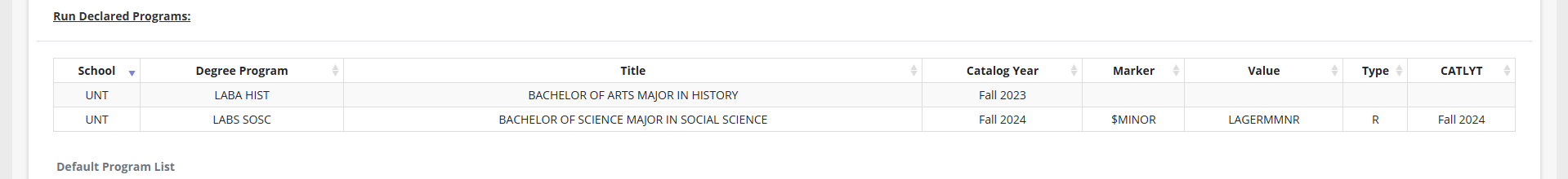 'Run Declared Programs' table showing two different degree programs.