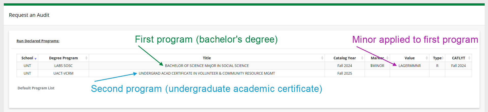 'Request an Audit' page, with 'Run Declared Programs' section expanded. Above the first program is green text saying "First program (bachelor's degree)". Above the minor for the bachelor's degree is purple text saying "Minor applied to first program". Below the second program is blue text saying "Second program (undergraduate academic certificate)".