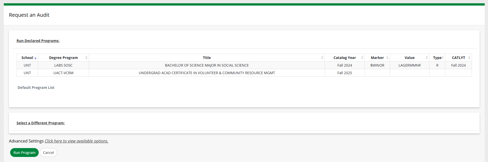 'Request an Audit' page, with 'Run Declared Programs' section expanded.