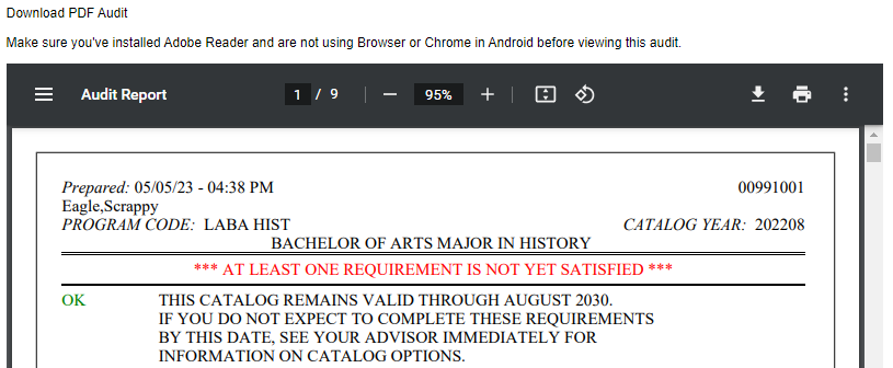 Audit Report displayed in PDF viewer, with link to download PDF audit and message to install Adobe Reader and not use Browser or Chrome in Android before viewing the audit.
