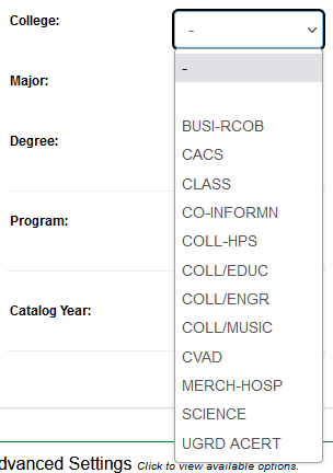 Select a Different Program: College dropdown menu opened, showing the list of colleges as well as "UGRD ACERT" for undergraduate academic certificates.