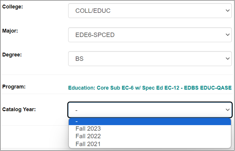 Select a Different Program: Catalog Year dropdown menu opened, showing "Fall 2023," "Fall 2022," and "Fall 2021".