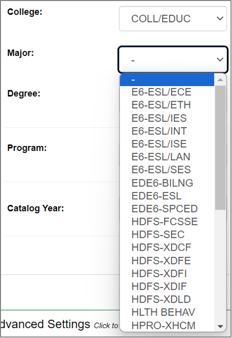 Select a Different Program: Major dropdown menu opened, showing major options for the College of Education (COLL/EDUC).