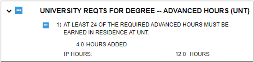 In Progress requirement that requires 24 advanced hours must be earned in residence at UNT, showing 4 hours added and 12 hours in progress. 