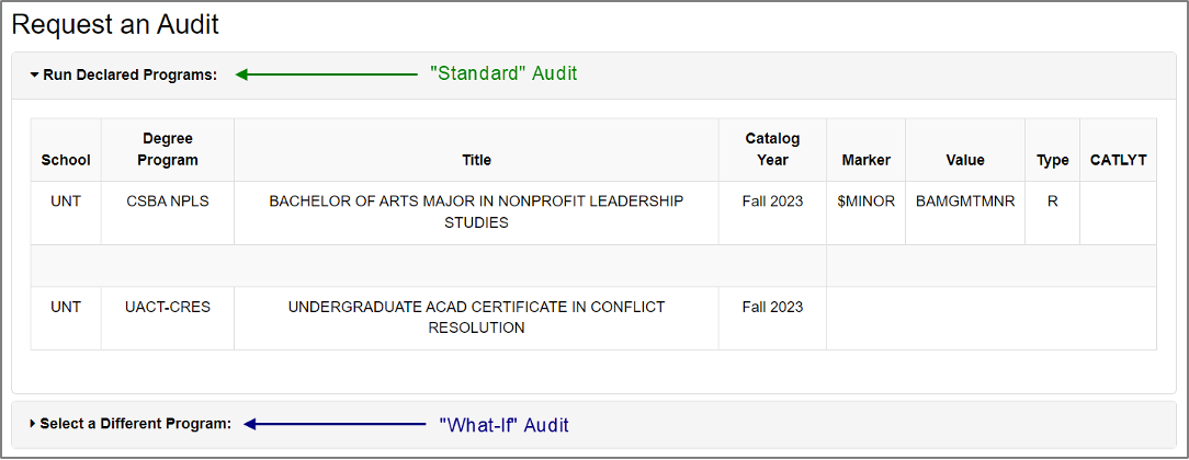 Request an Audit page, with Run Declared Programs section expanded. Green text and arrow indicate "Run Declared Programs" runs a standard audit. Blue text and arrow indicate "Select a Different Program" runs a what-if audit.