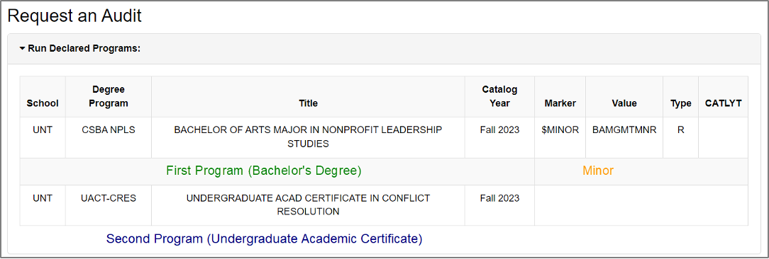Request an Audit page, with Run Declared Programs section expanded. Below the first program is green text saying "First Program (Bachelor's Degree)". Below the minor for the bachelor's degree is orange text saying "Minor". Below the second program is blue text saying "Second Program (Undergraduate Academic Certificate)".