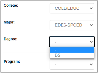 Select a Different Program: Degree dropdown menu opened, showing "BS" as the only option for the college and major selected. 