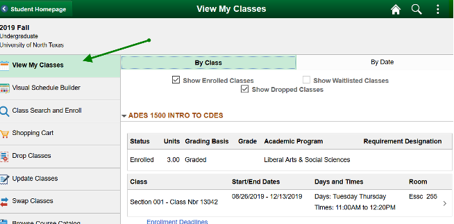 View my Classes screen on my U N T